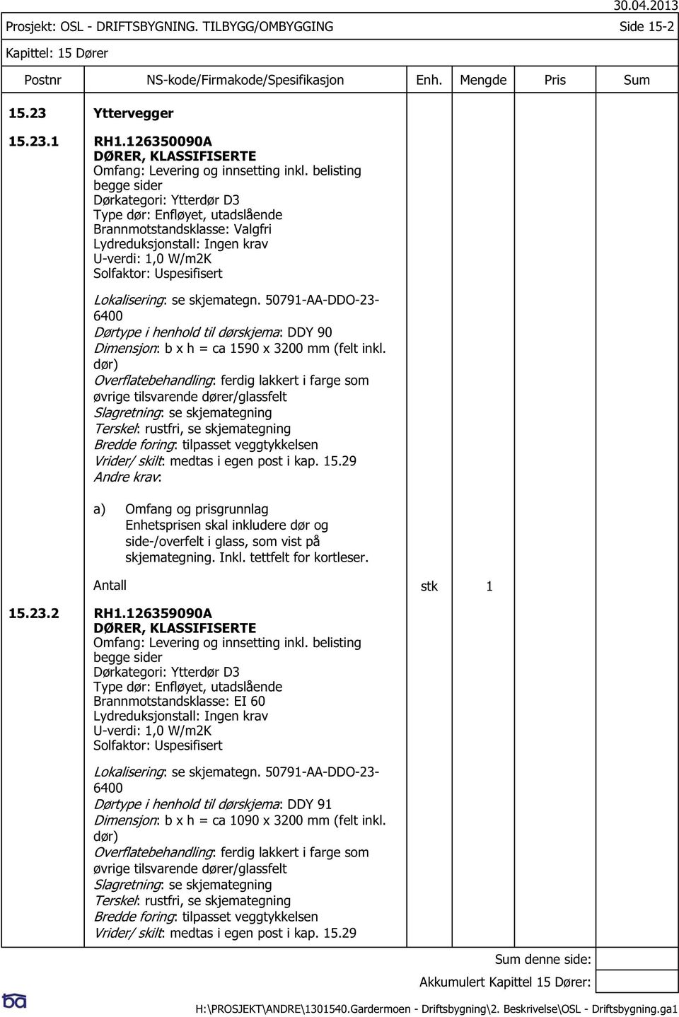 dør) Overflatebehandling: ferdig lakkert i farge som øvrige tilsvarende dører/glassfelt Terskel: rustfri, se skjemategning Bredde foring: tilpasset veggtykkelsen Enhetsprisen skal inkludere dør og