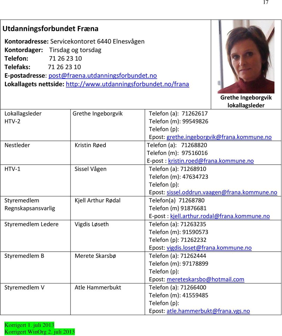 kommune.no Nestleder Kristin Røed Telefon (a): 71268820 Telefon (m): 97516016 E-post : kristin.roed@frana.kommune.no HTV-1 Sissel Vågen Telefon (a): 71268910 Telefon (m): 47634723 Epost: sissel.