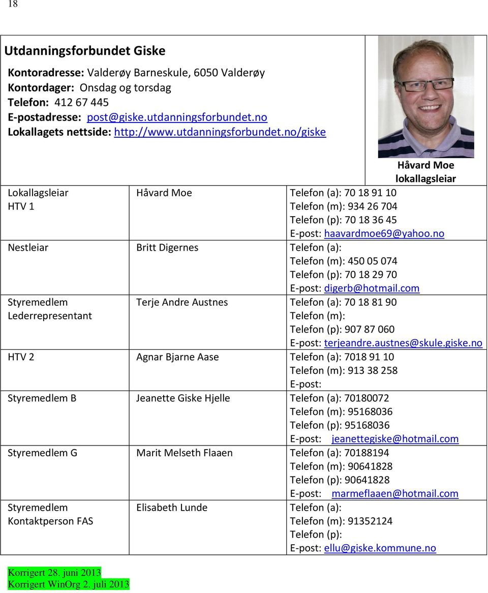 no/giske Lokallagsleiar HTV 1 Håvard Moe lokallagsleiar Håvard Moe Telefon (a): 70 18 91 10 Telefon (m): 934 26 704 70 18 36 45 E-post: haavardmoe69@yahoo.