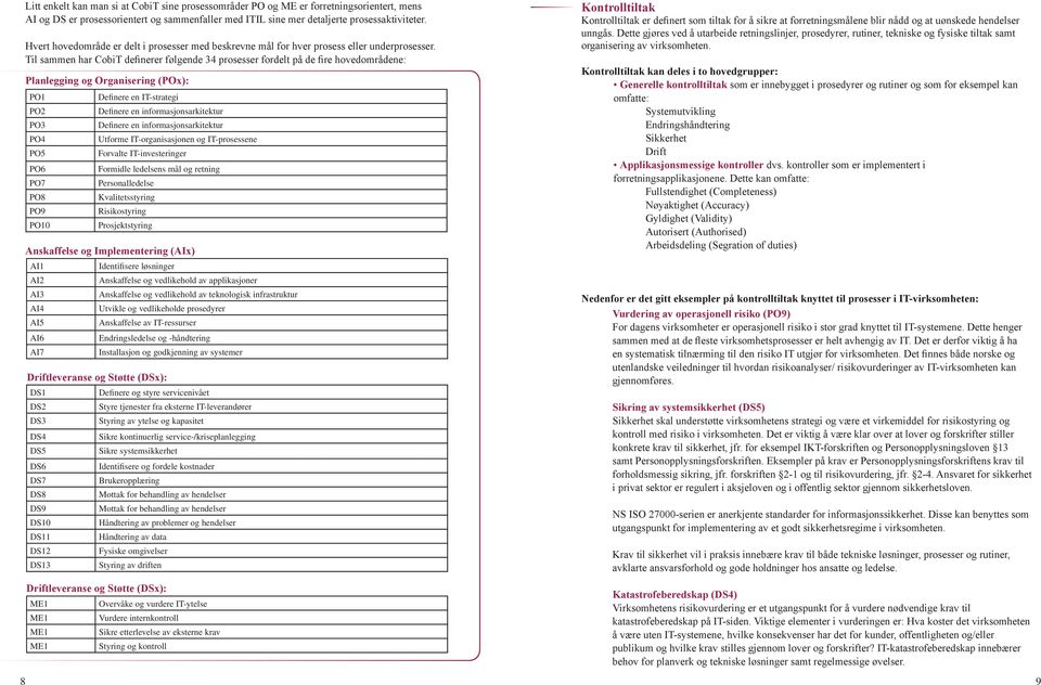 Til sammen har CobiT definerer følgende 34 prosesser fordelt på de fire hovedområdene: Planlegging og Organisering (POx): PO1 PO2 PO3 PO4 PO5 PO6 PO7 PO8 PO9 PO10 AI1 AI2 Definere en IT-strategi