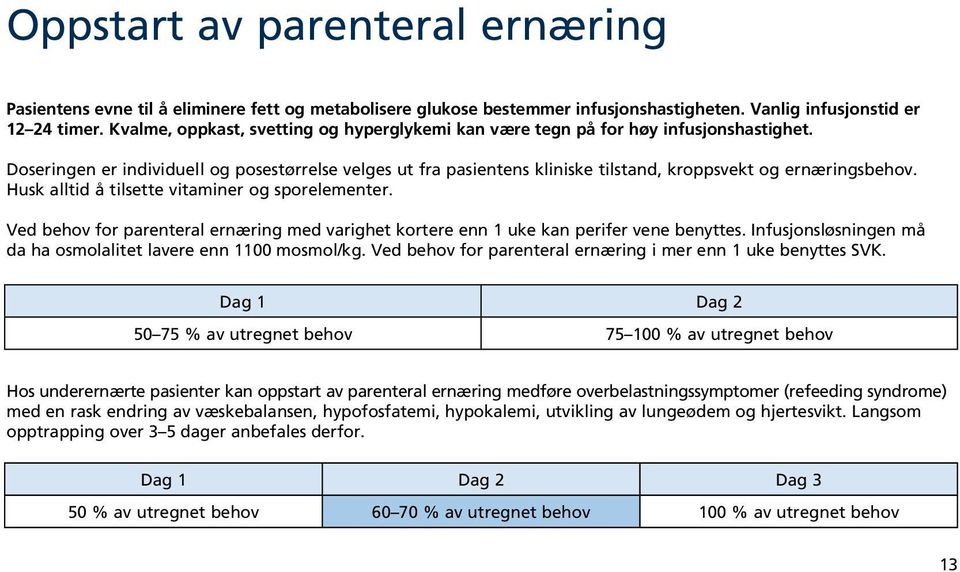 Doseringen er individuell og posestørrelse velges ut fra pasientens kliniske tilstand, kroppsvekt og ernæringsbehov. Husk alltid å tilsette vitaminer og sporelementer.