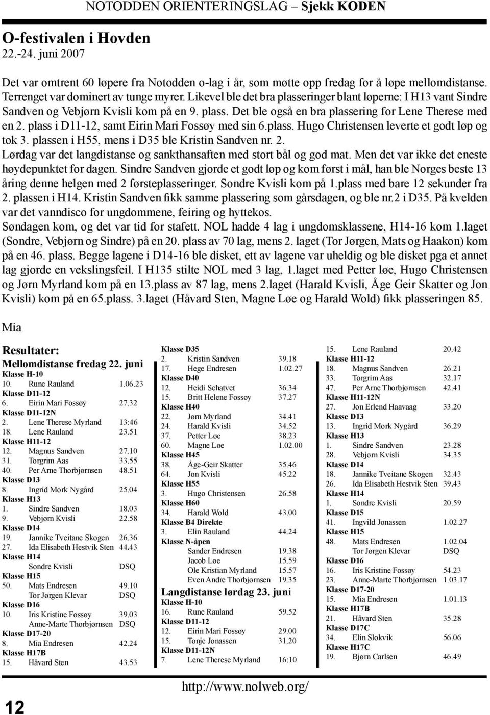 plass i D11-12, samt Eirin Mari Fossøy med sin 6.plass. Hugo Christensen leverte et godt løp og tok 3. plassen i H55, mens i D35 ble Kristin Sandven nr. 2.