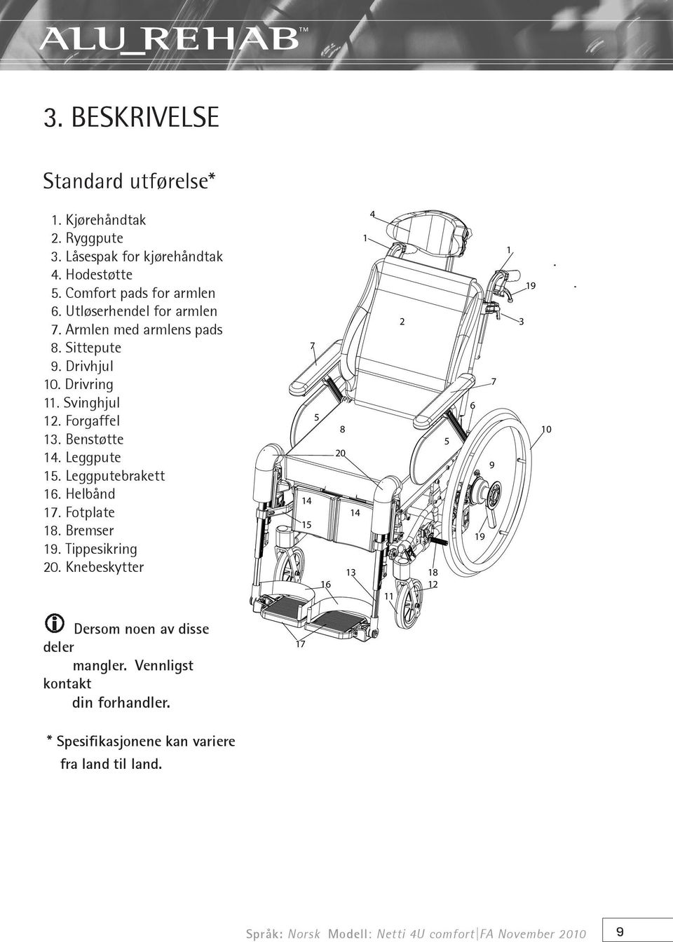 Drivhjul 44-53cm 41295 114178 10. Drivring 11. Svinghjul 12. Forgaffel 13. Benstøtte 14. Leggpute 15. Leggputebrakett 16. Helbånd 17. Fotplate 18. Bremser 19. Tippesikring 20.