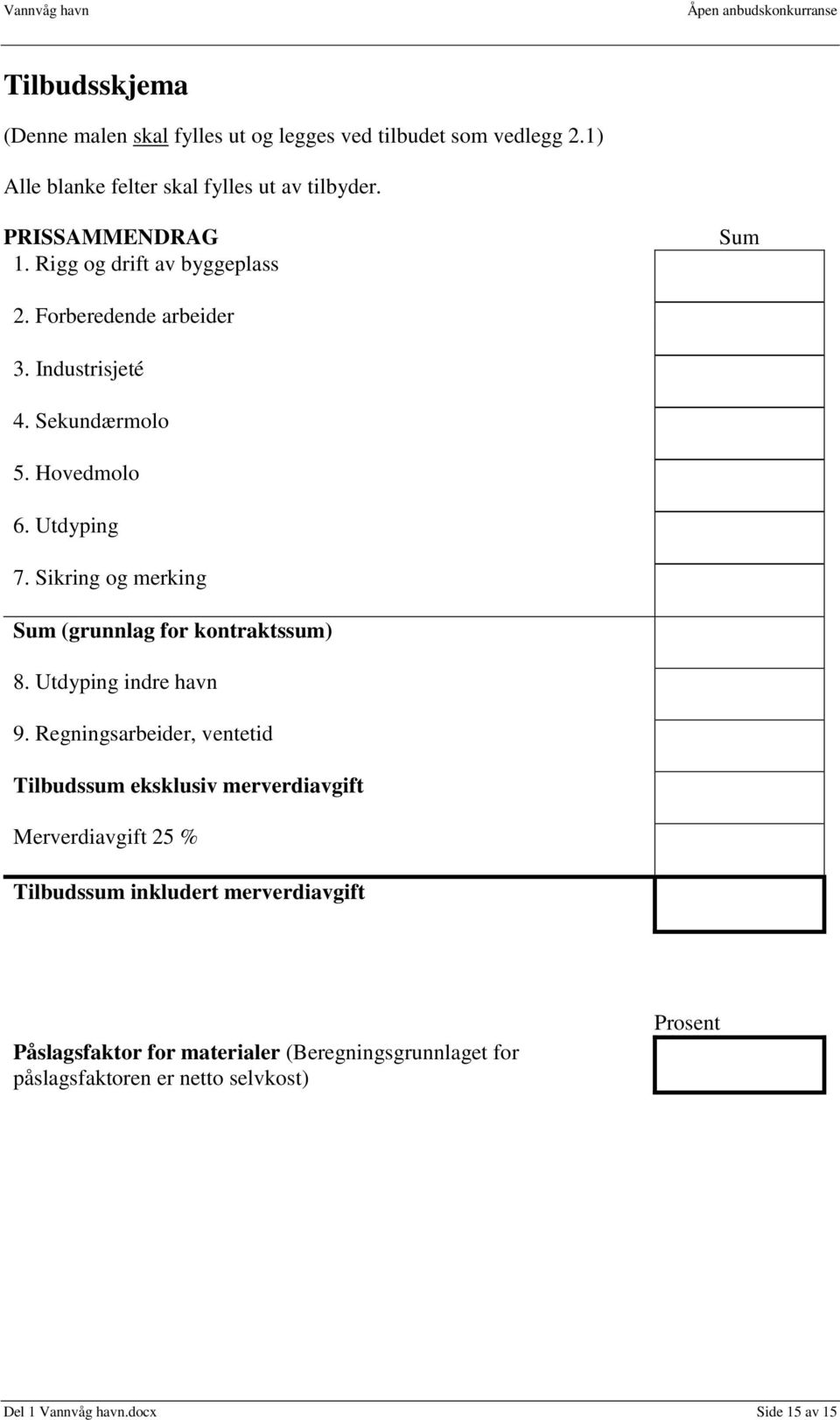 Sikring og merking Sum (grunnlag for kontraktssum) 8. Utdyping indre havn 9.