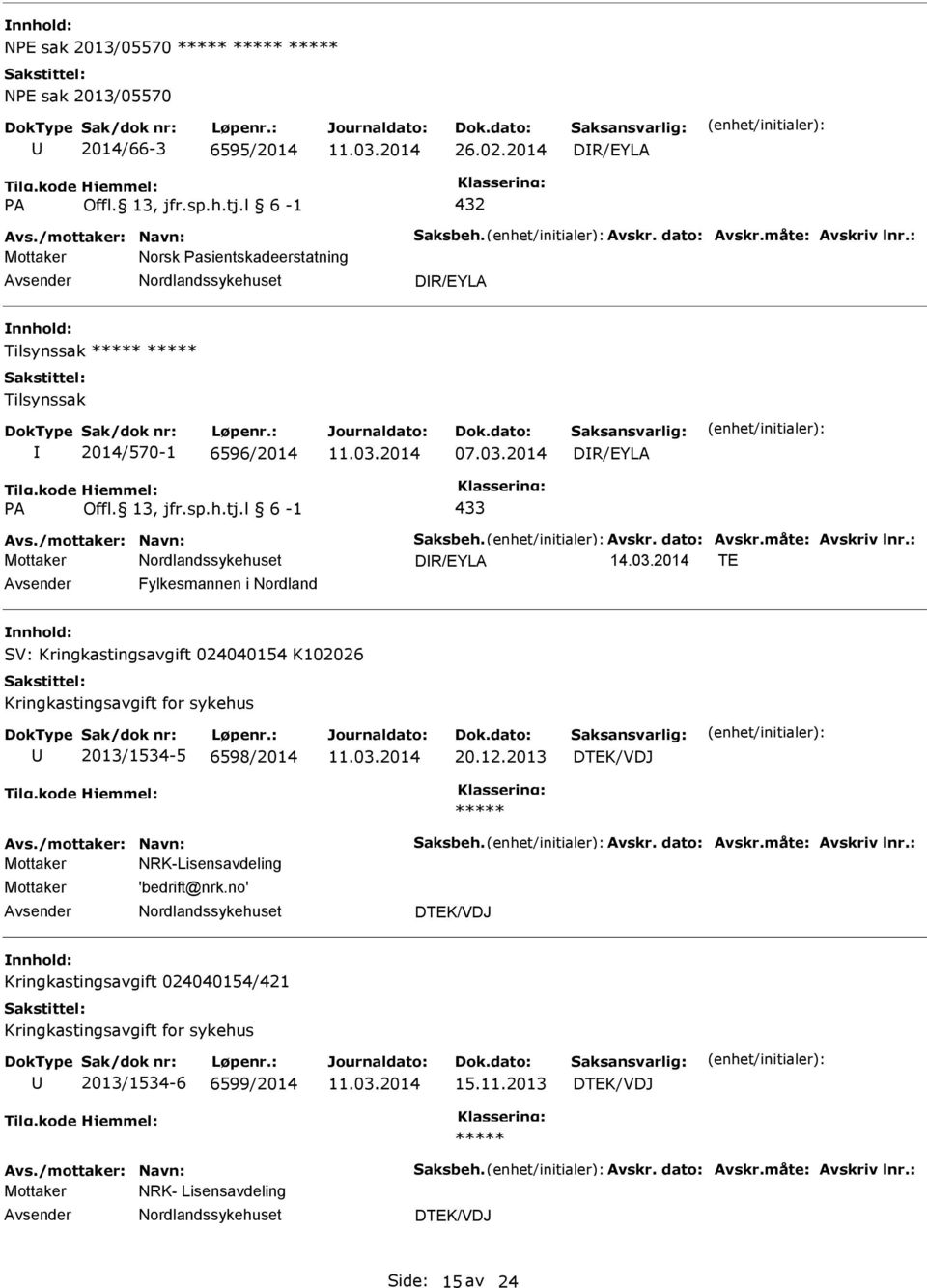 : DR/EYLA 14.03.2014 TE Fylkesmannen i Nordland SV: Kringkastingsavgift 024040154 K102026 Kringkastingsavgift for sykehus 2013/1534-5 6598/2014 20.12.2013 Avs./mottaker: Navn: Saksbeh. Avskr.