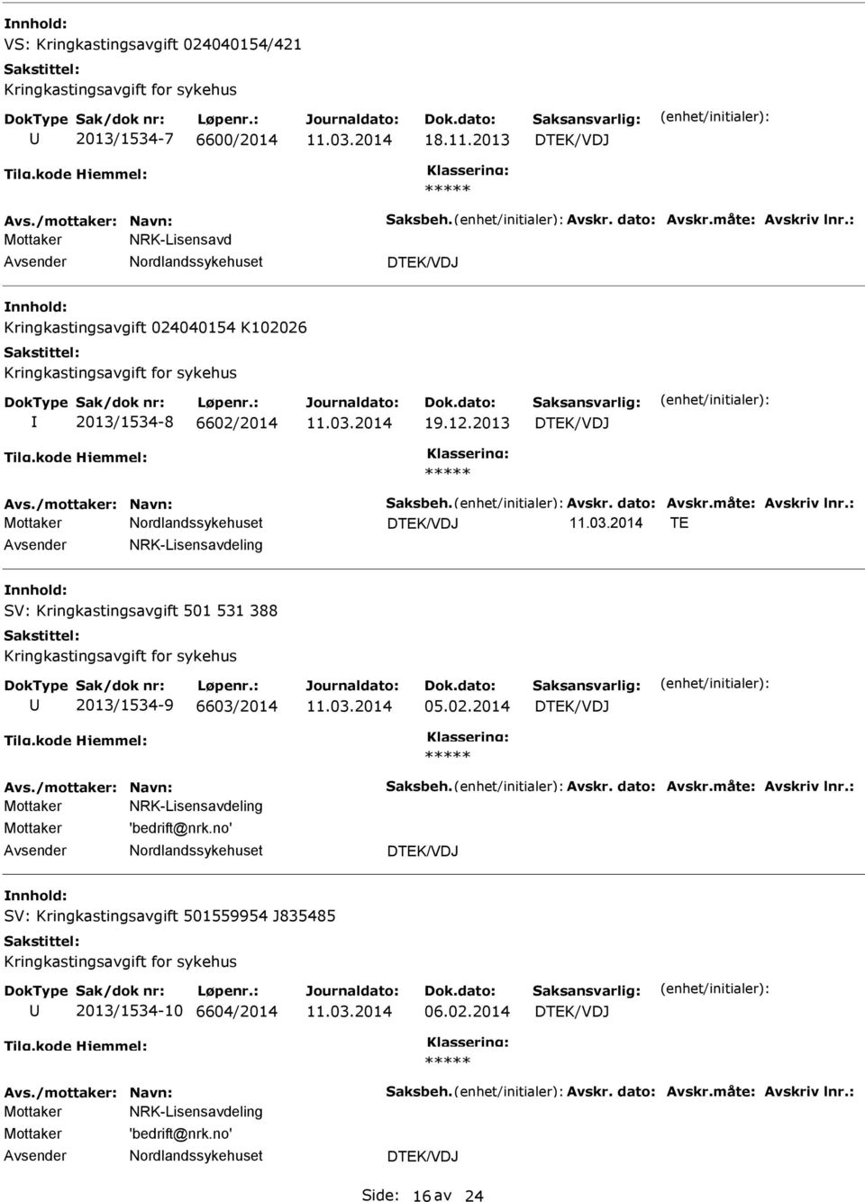 : TE NRK-Lisensavdeling SV: Kringkastingsavgift 501 531 388 Kringkastingsavgift for sykehus 2013/1534-9 6603/2014 05.02.2014 Avs./mottaker: Navn: Saksbeh. Avskr. dato: Avskr.måte: Avskriv lnr.