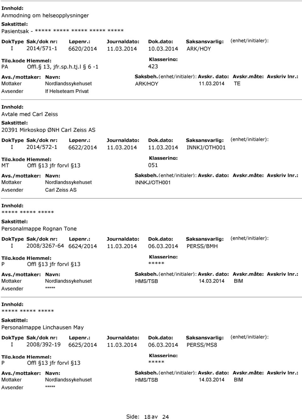 måte: Avskriv lnr.: NNKJ/OTH001 Carl Zeiss AS ersonalmappe Rognan Tone 2008/3267-64 6624/2014 06.03.2014 ERSS/BMH Avs./mottaker: Navn: Saksbeh. Avskr. dato: Avskr.måte: Avskriv lnr.: HMS/TSB 14.