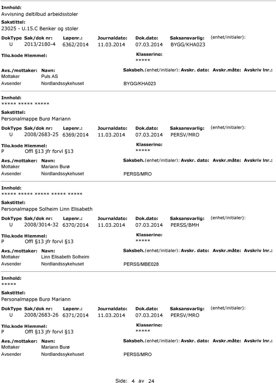 : Mottaker Mariann Burø ERSS/MRO ersonalmappe Solheim Linn Elisabeth 2008/3014-32 6370/2014 ERSS/BMH Avs./mottaker: Navn: Saksbeh. Avskr. dato: Avskr.måte: Avskriv lnr.