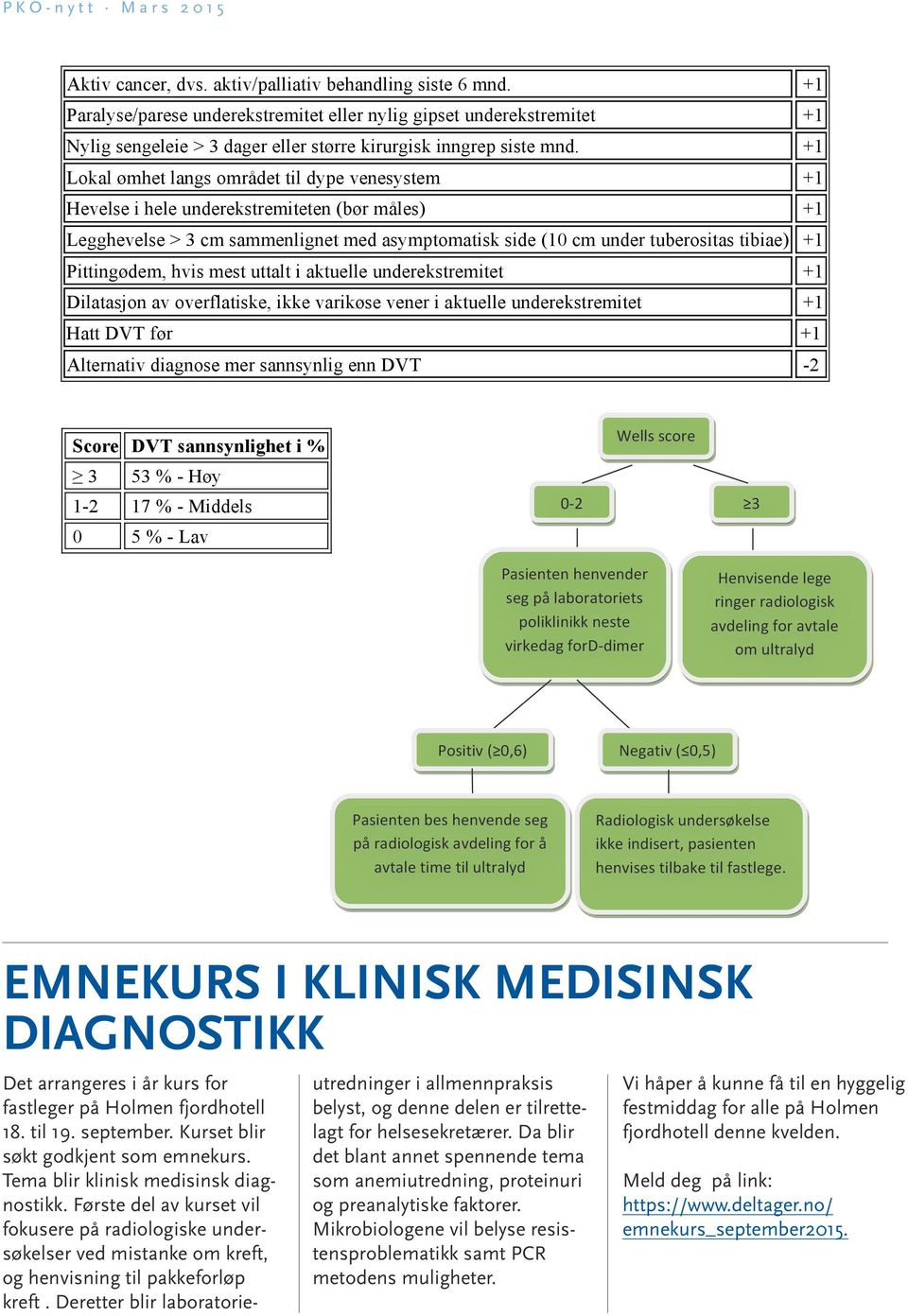 Wells-score: Et verktøy som bygger på ulike kriterier og gir sannsynligheten for DVT. Hvert k utgjør 1 poeng, med unntak av siste kriterium som utgjør minus 2 poeng.