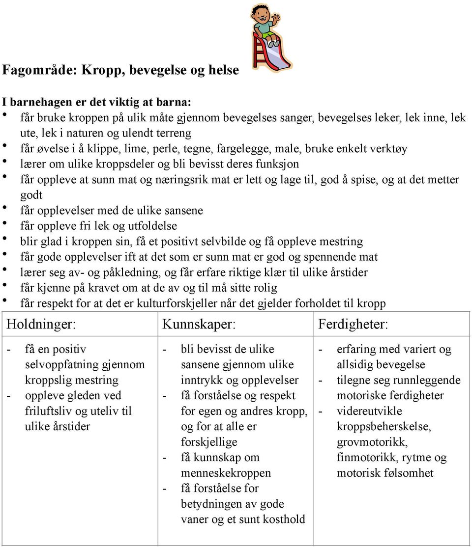 tegne, fargelegge, male, bruke enkelt verktøy lærer om ulike kroppsdeler og bli bevisst deres funksjon får oppleve at sunn mat og næringsrik mat er lett og lage til, god å spise, og at det metter