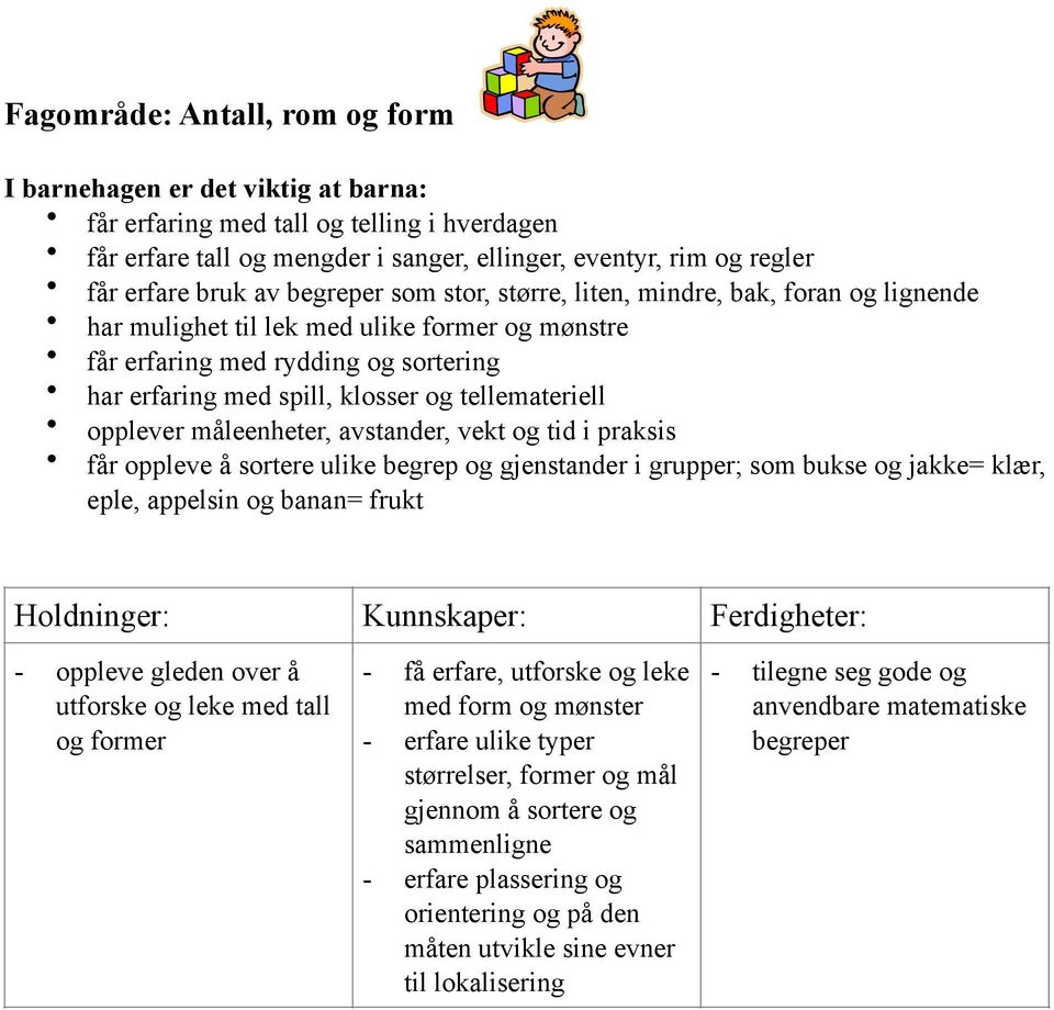 liten, mindre, bak, foran og lignende har mulighet til lek med ulike former og mønstre får erfaring med rydding og sortering har erfaring med spill, klosser og tellemateriell opplever måleenheter,