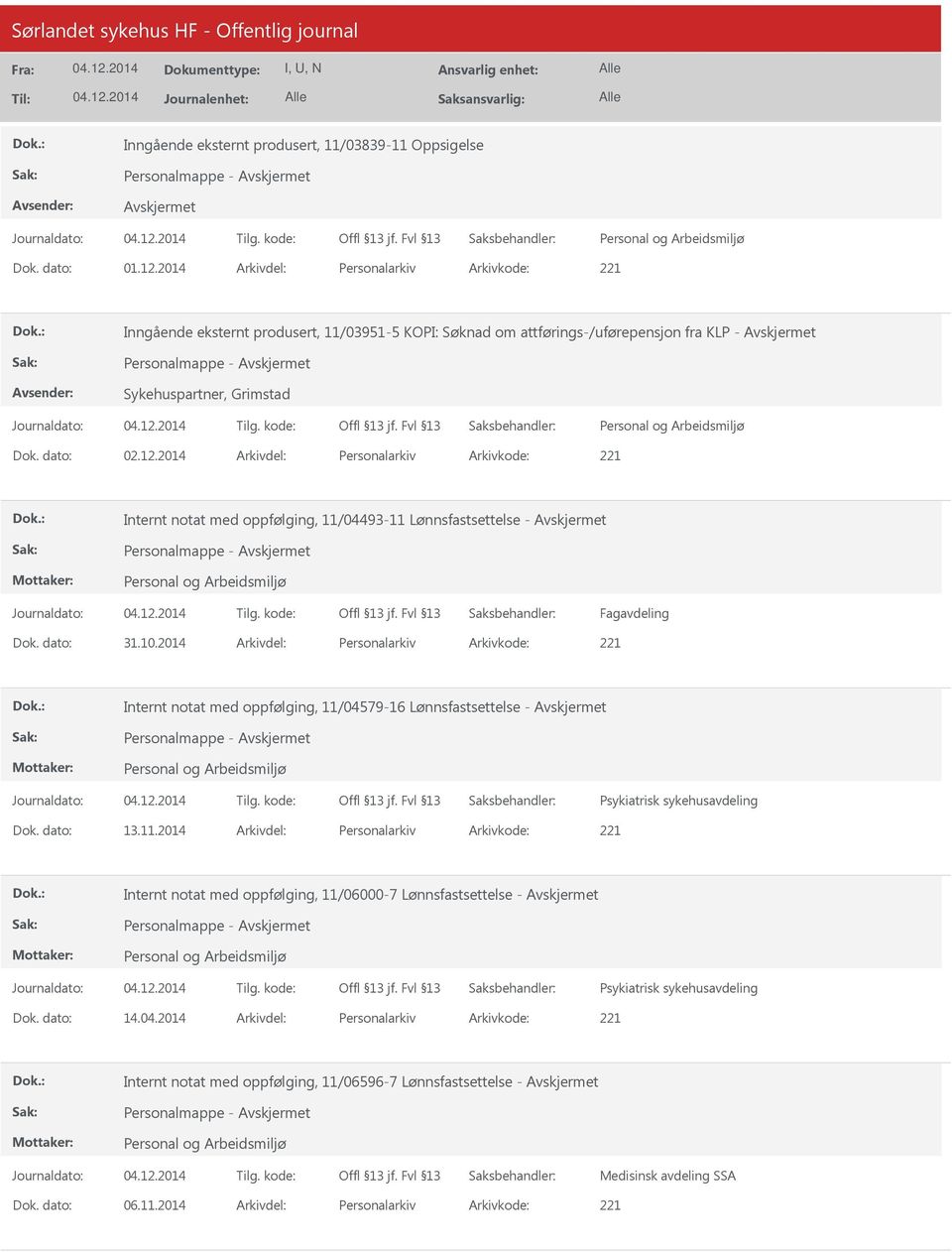 2014 Personalarkiv 221 Internt notat med oppfølging, 11/04493-11 Lønnsfastsettelse - Fagavdeling 31.10.