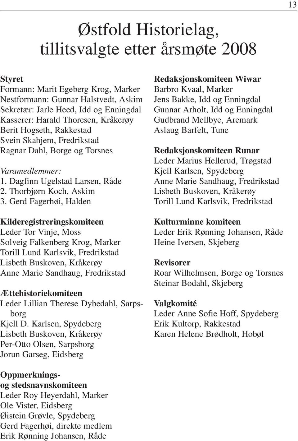 Gerd Fagerhøi, Halden Kilderegistreringskomiteen Leder Tor Vinje, Moss Solveig Falkenberg Krog, Marker Torill Lund Karlsvik, Fredrikstad Lisbeth Buskoven, Kråkerøy Anne Marie Sandhaug, Fredrikstad