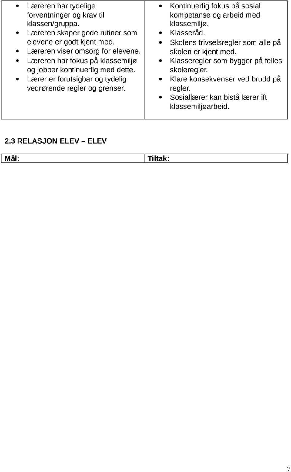 Lærer er forutsigbar og tydelig vedrørende regler og grenser. Kontinuerlig fokus på sosial kompetanse og arbeid med klassemiljø. Klasseråd.