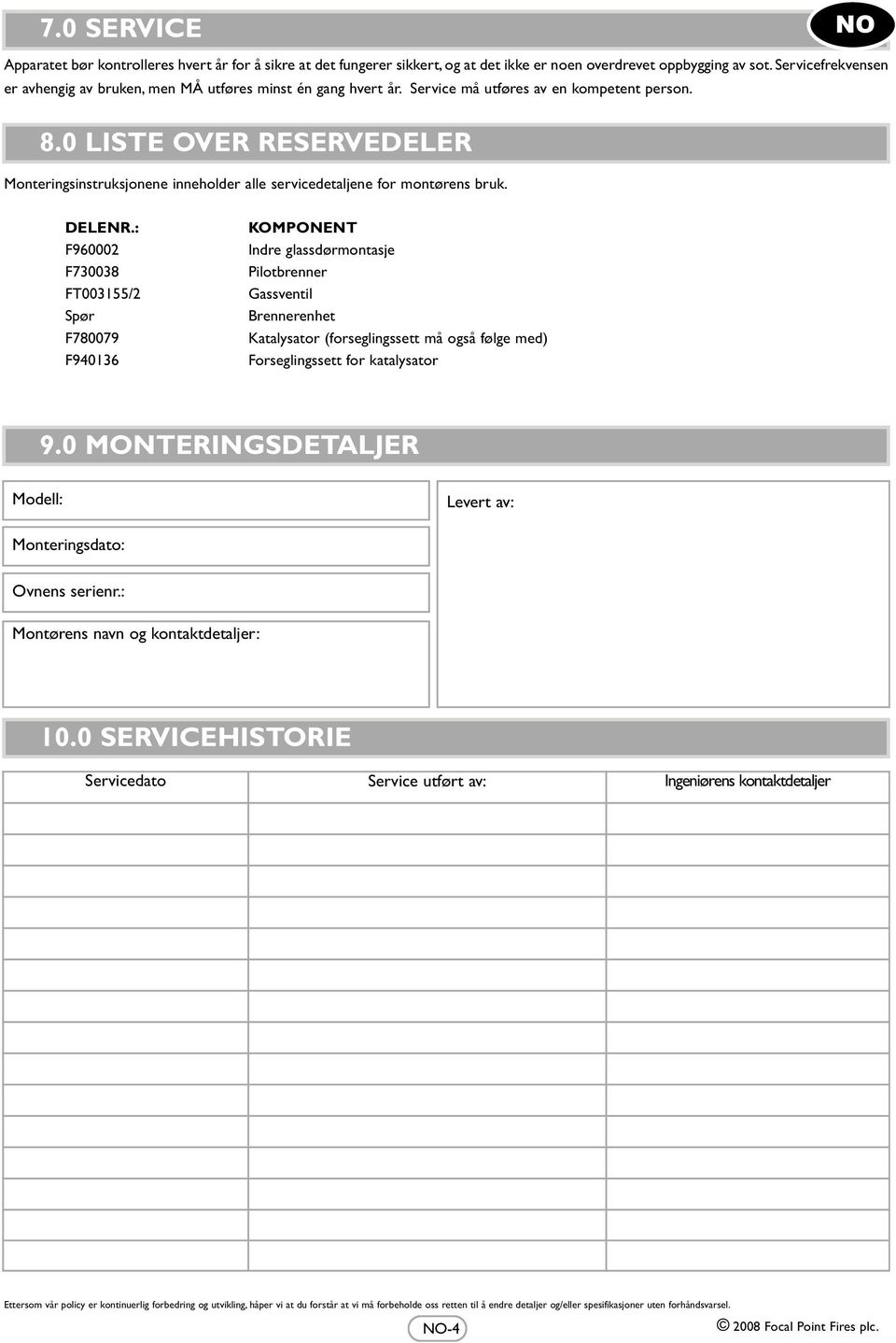 0 LISTE OVER RESERVEDELER Monteringsinstruksjonene inneholder alle servicedetaljene for montørens bruk. DELENR.