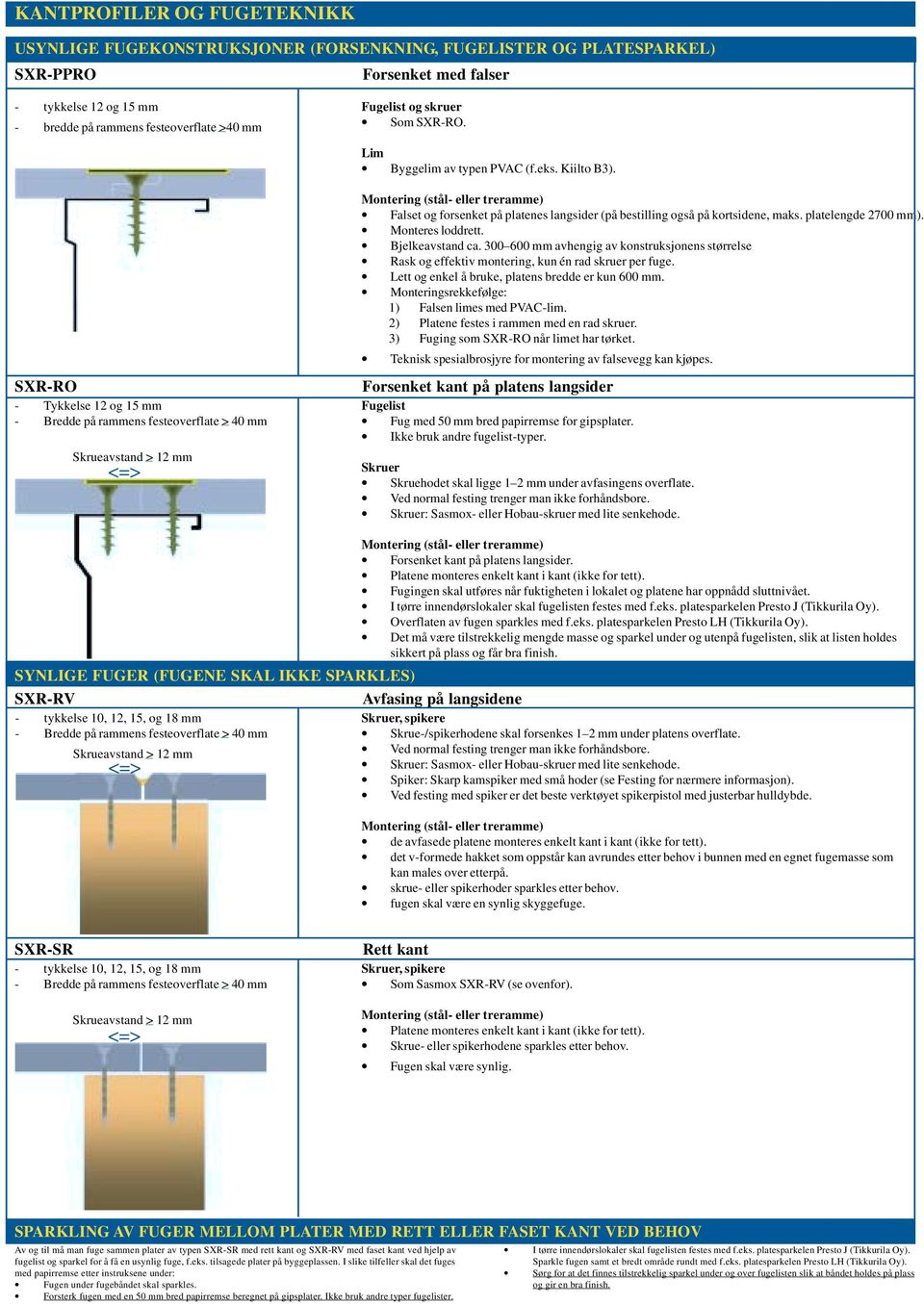 SXR-RO - Tykkelse 12 og 15 mm - Bredde på rammens festeoverflate > 40 mm Skrueavstand > 12 mm <=> Montering (stål- eller treramme) Falset og forsenket på platenes langsider (på bestilling også på