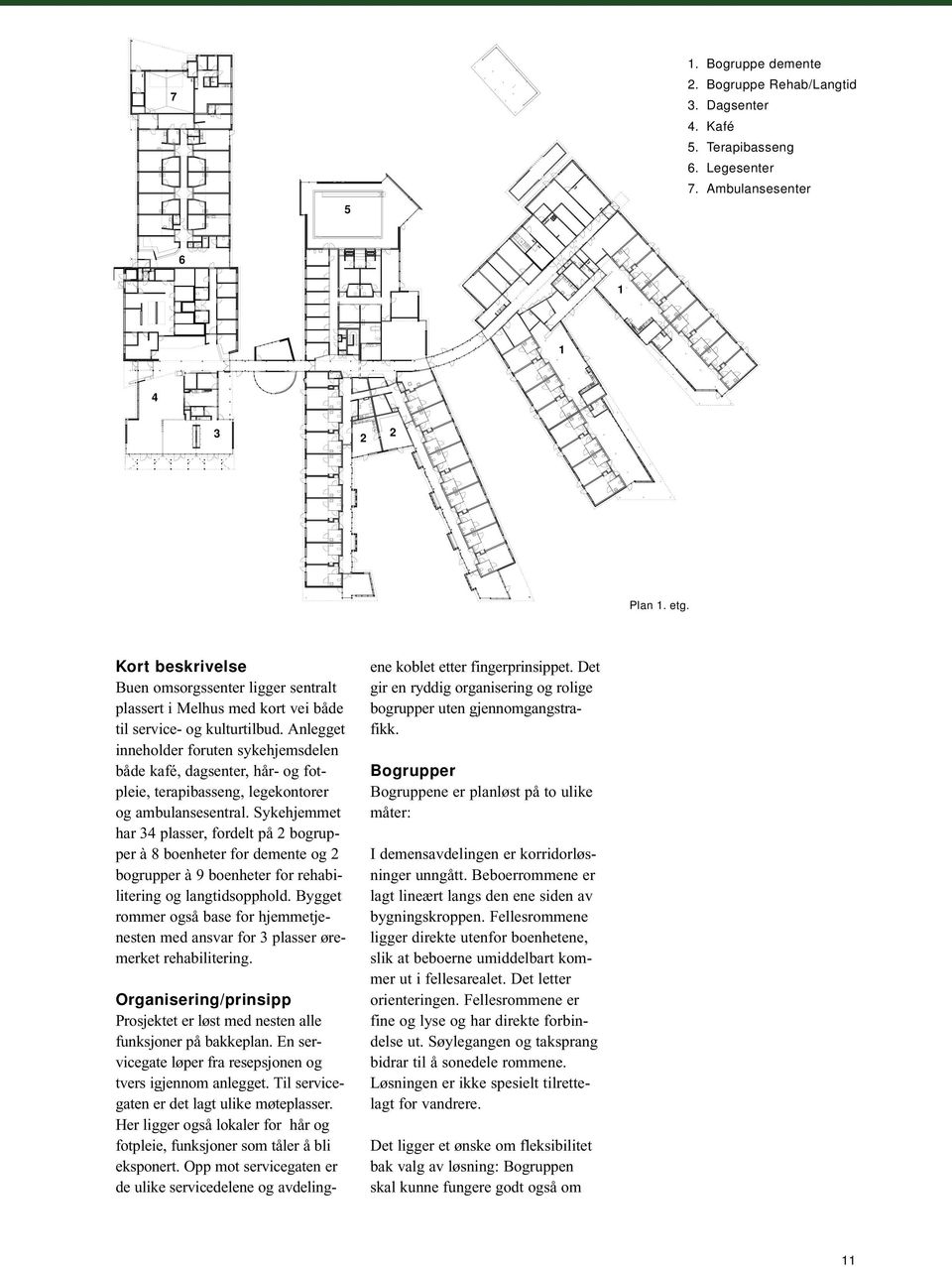 Anlegget inneholder foruten sykehjemsdelen både kafé, dagsenter, hår- og fotpleie, terapibasseng, legekontorer og ambulansesentral.