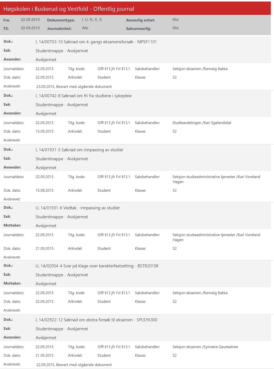 2015 Arkivdel: Student I, 14/01931-5 Søknad om innpassing av studier Studentmappe - Seksjon studieadministrative tjenester /Kari Voreland Hagen Dok. dato: 15.08.