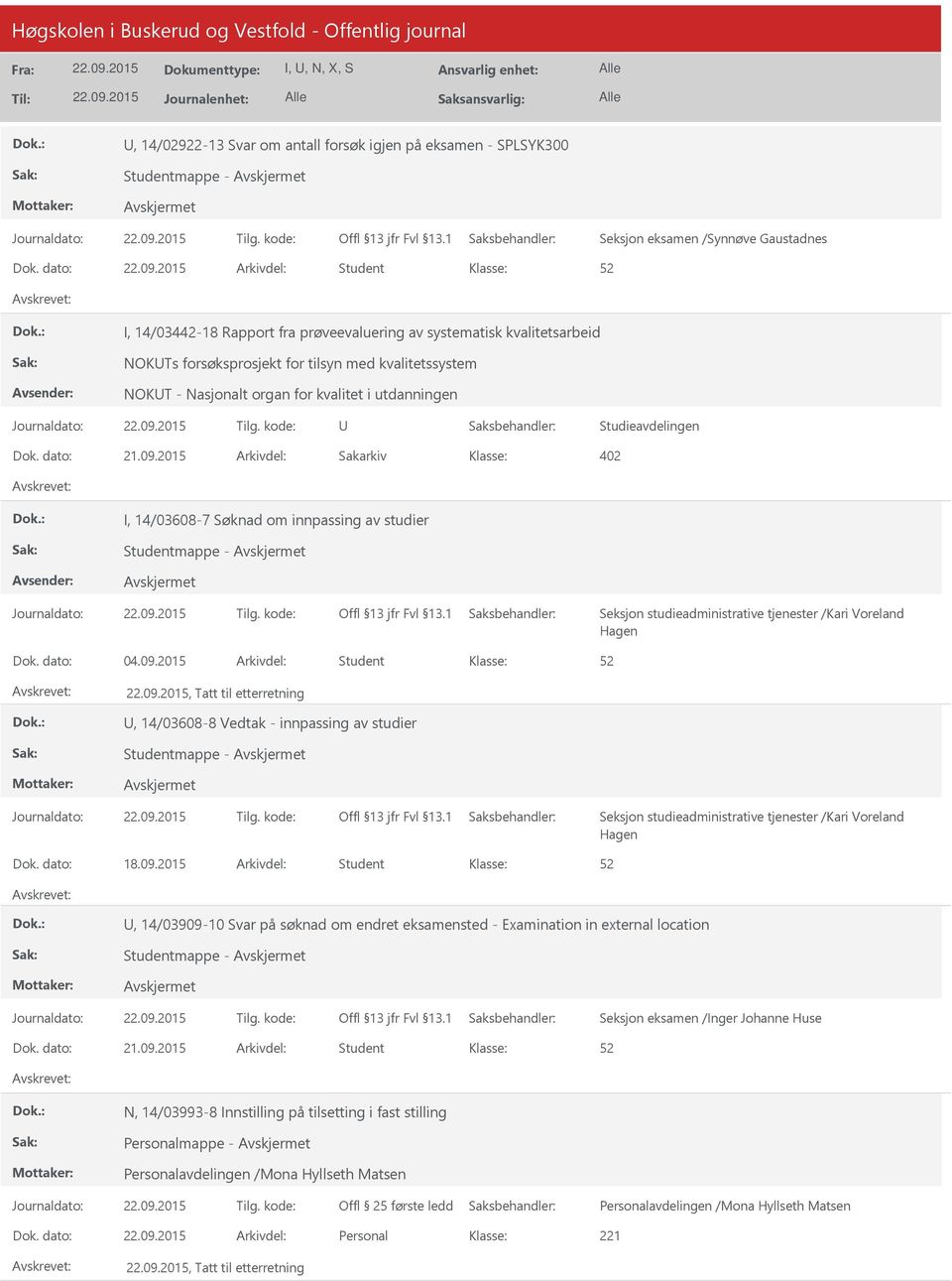 utdanningen Studieavdelingen Dok. dato: 21.09.2015 Arkivdel: Sakarkiv 402 I, 14/03608-7 Søknad om innpassing av studier Studentmappe - Seksjon studieadministrative tjenester /Kari Voreland Hagen Dok.