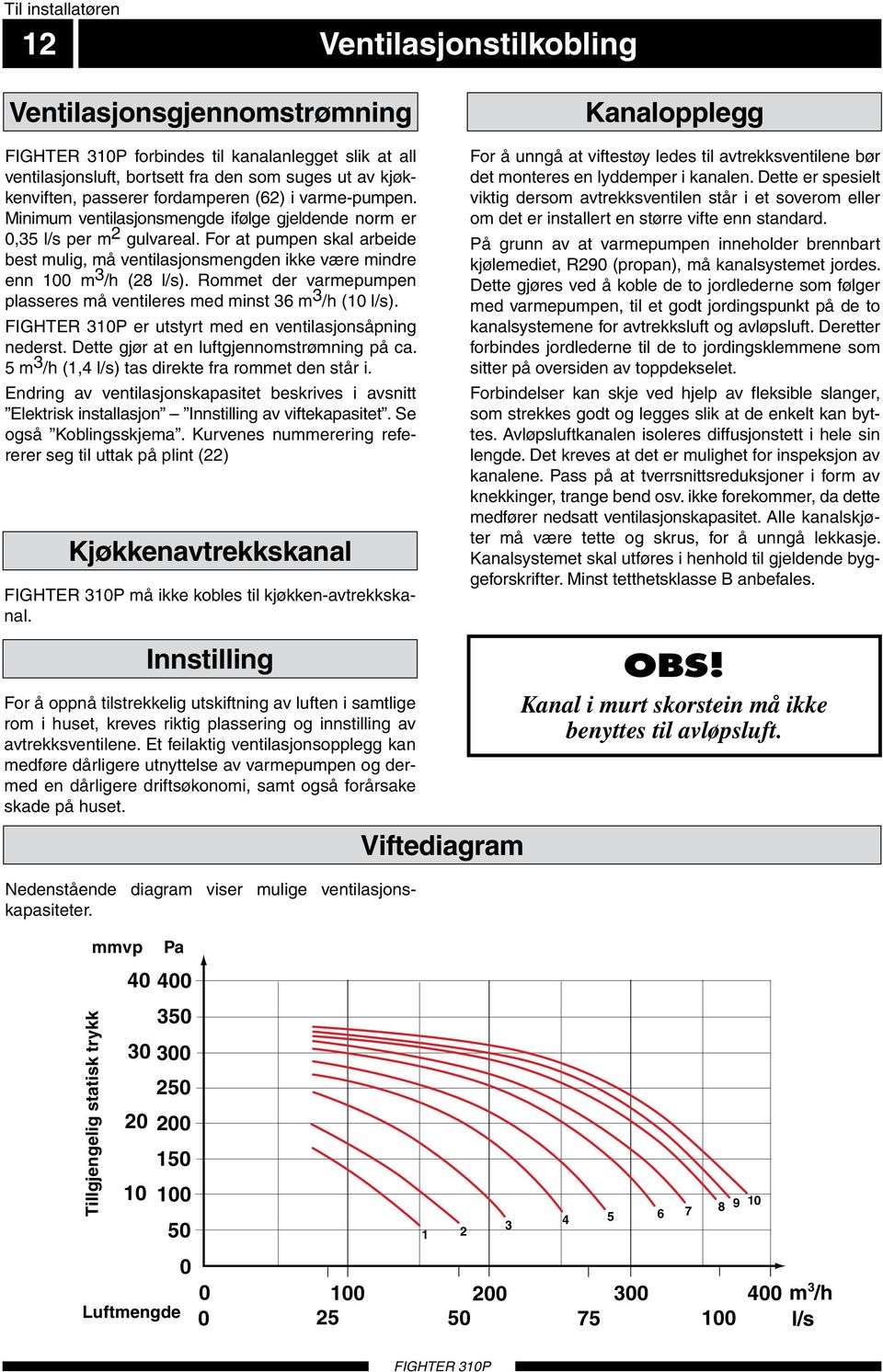 For at pumpen skal arbeide best mulig, må ventilasjonsmengden ikke være mindre enn 00 m /h ( l/s). Rommet der varmepumpen plasseres må ventileres med minst m /h (0 l/s).