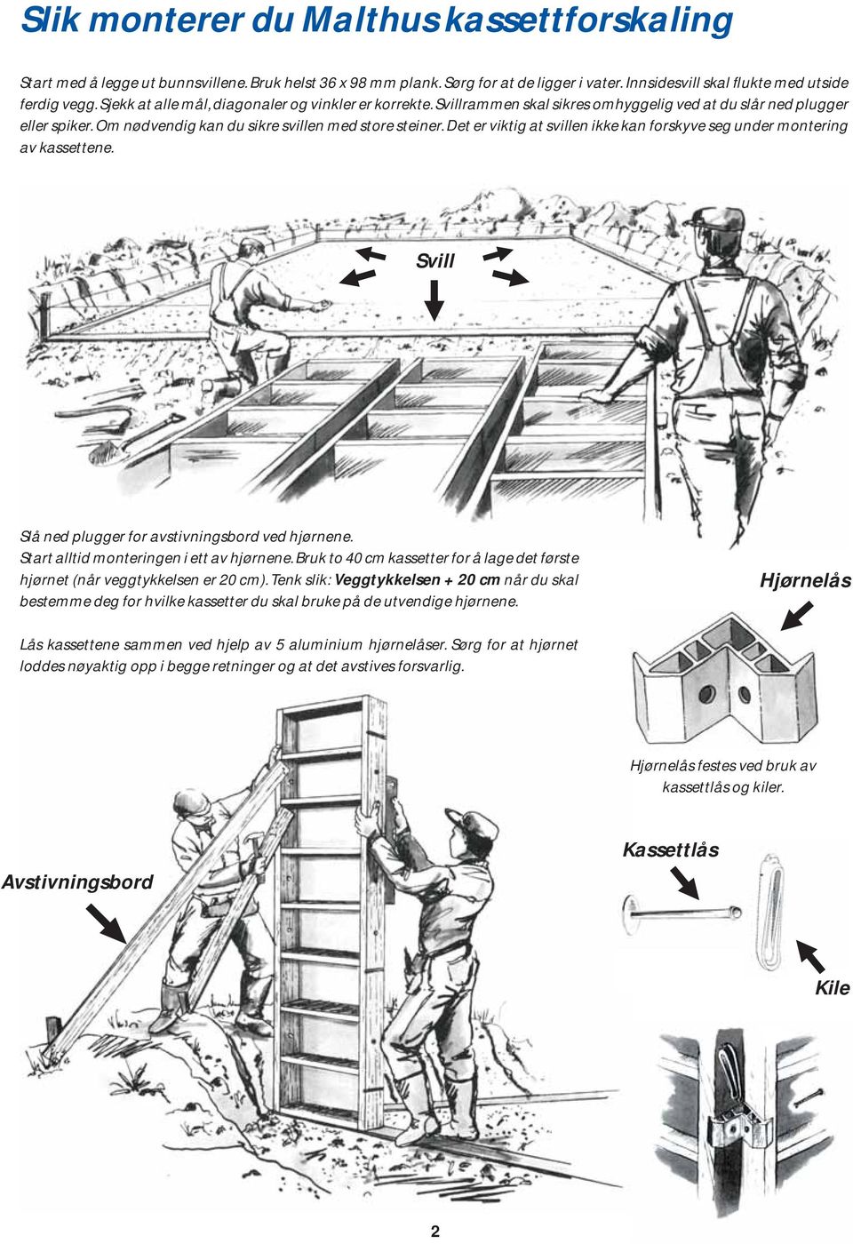 Det er viktig at svillen ikke kan forskyve seg under montering av kassettene. Svill Slå ned plugger for avstivningsbord ved hjørnene. Start alltid monteringen i ett av hjørnene.