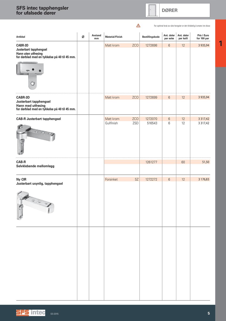 Ø Avstand Material/Finish Matt krom ZCO Bestillingskode per eske 72698 6 per kolli for par 95,94 CABR-D Justerbart tapphengsel Hann med utfresing for