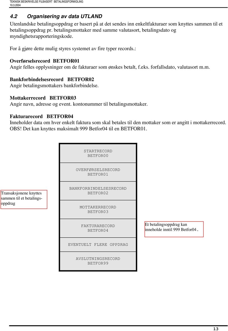 : Overførselsrecord BETFOR01 Angir felles opplysninger om de fakturaer som ønskes betalt, f.eks. forfallsdato, valutasort m.m. Bankforbindelsesrecord BETFOR02 Angir betalingsmottakers bankforbindelse.