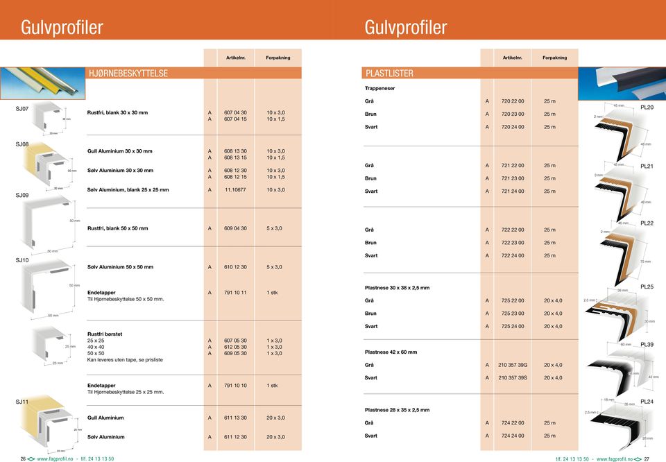 HJØRNEBESKYTTELSE PLSTLISTER Trappeneser SJ07 30 Rustfri, blank 30 x 607 04 30 10 x 3,0 607 04 15 10 x 1,5 Grå 720 22 00 25 m Brun 720 23 00 25 m Svart 720 24 00 25 m 2 mm 2 45 45 mm PL20 30 SJ08 30