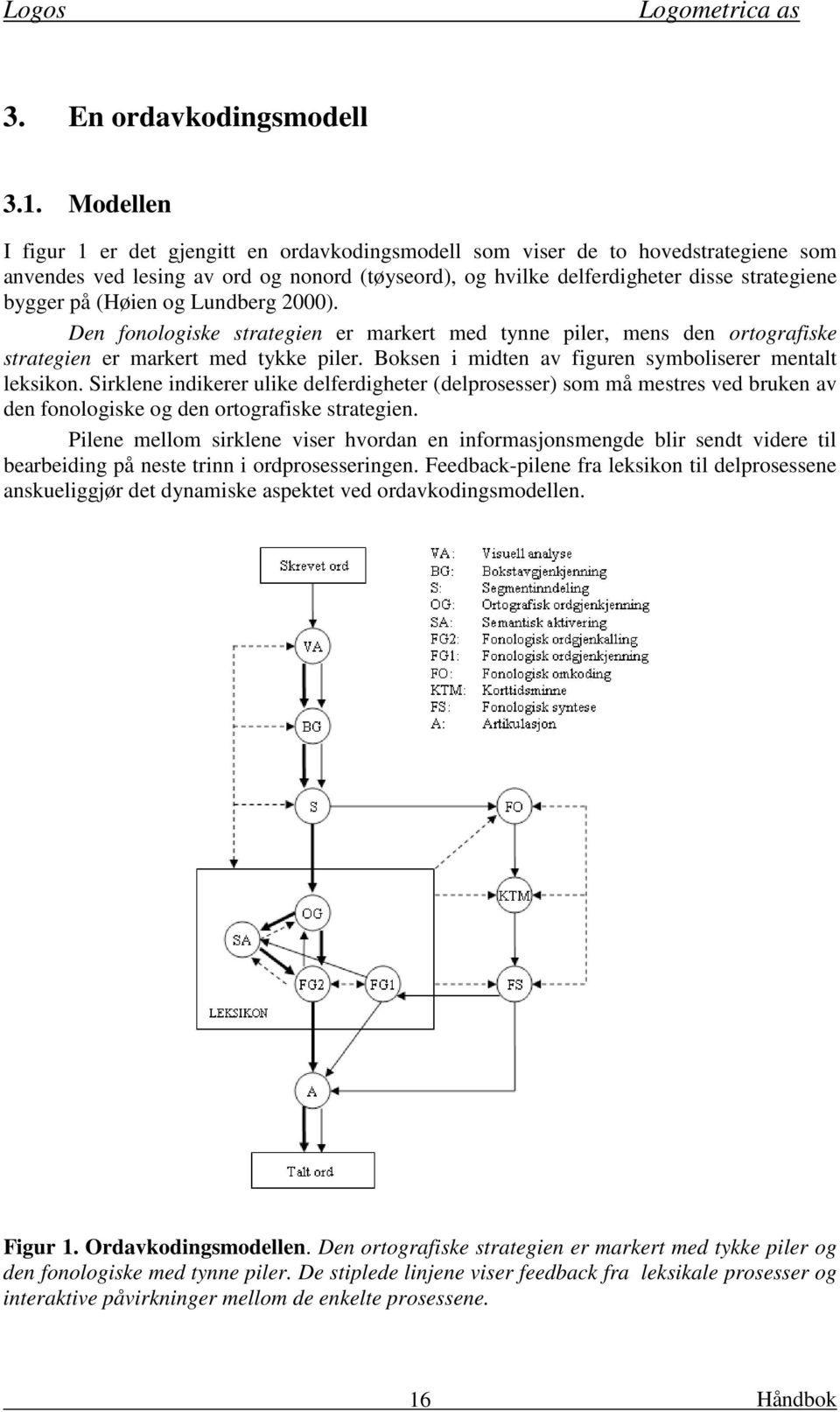 (Høien og Lundberg 2000). Den fonologiske strategien er markert med tynne piler, mens den ortografiske strategien er markert med tykke piler. Boksen i midten av figuren symboliserer mentalt leksikon.