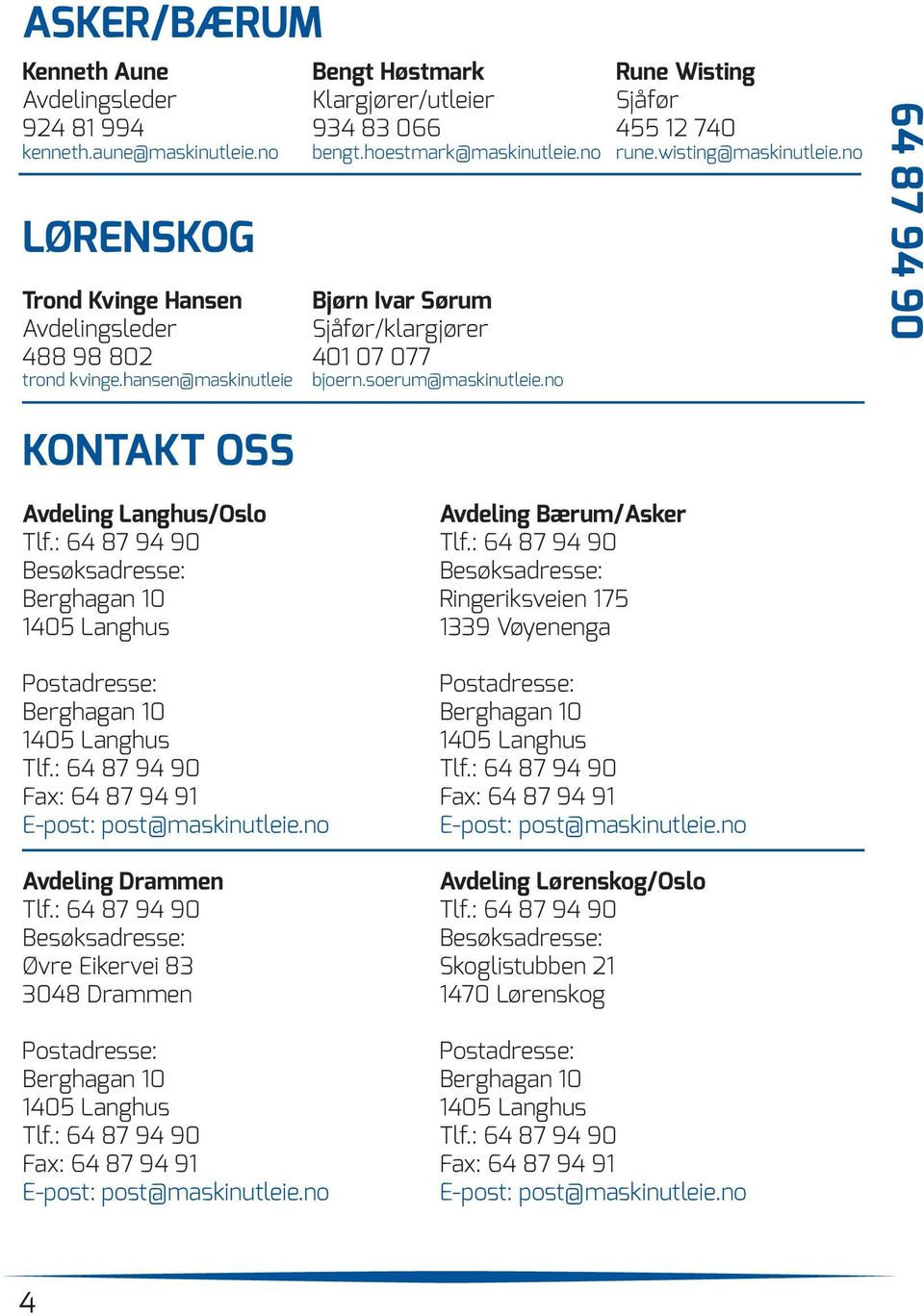 no KONTAKT OSS Avdeling Langhus/Oslo Avdeling Bærum/Asker Tlf.: 64 87 94 90 Tlf.
