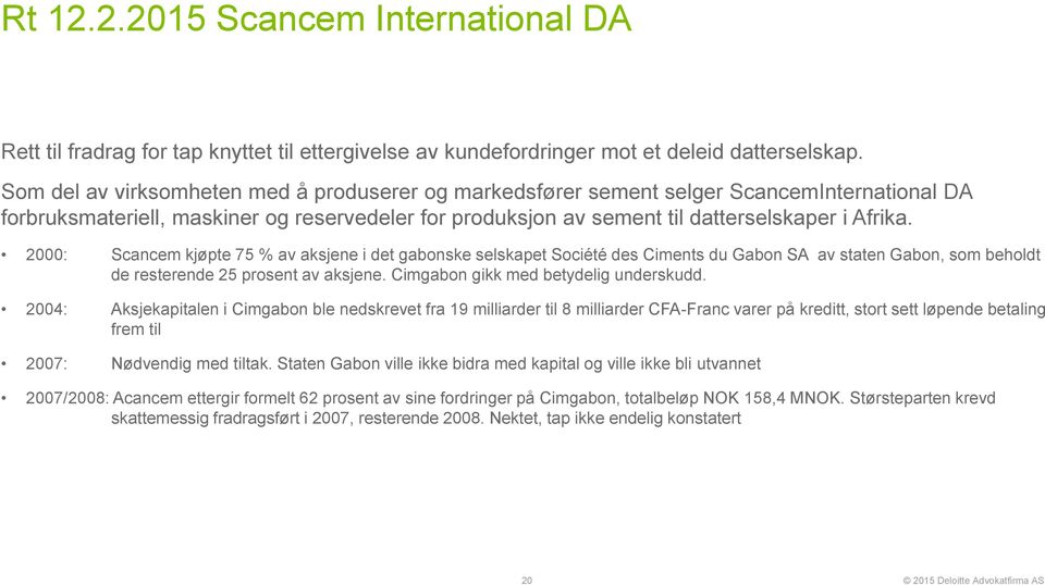 2000: Scancem kjøpte 75 % av aksjene i det gabonske selskapet Société des Ciments du Gabon SA av staten Gabon, som beholdt de resterende 25 prosent av aksjene. Cimgabon gikk med betydelig underskudd.