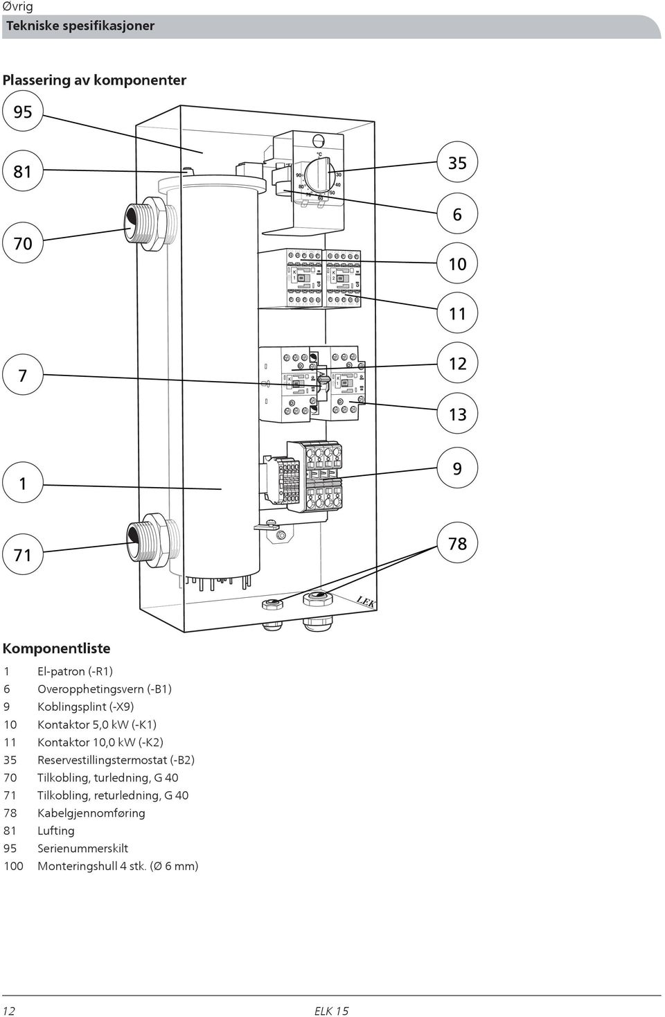 (-X9) Kontaktor 5,0 kw (-K1) Kontaktor 10,0 kw (-K2) Reservestillingstermostat (-B2) Tilkobling,
