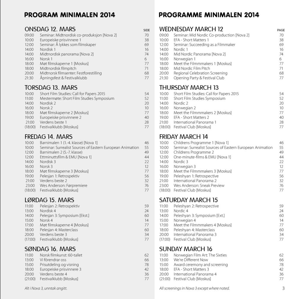 1 38 12:00 Seminar: Å lykkes som filmskaper 69 12:00 Seminar: Succeeding as a Filmmaker 69 14:00 Nordisk 1 16 14:00 Nordic 1 16 14:00 Midtnordisk panorama [Nova 2] 74 14:00 Mid Nordic Panorama [Nova