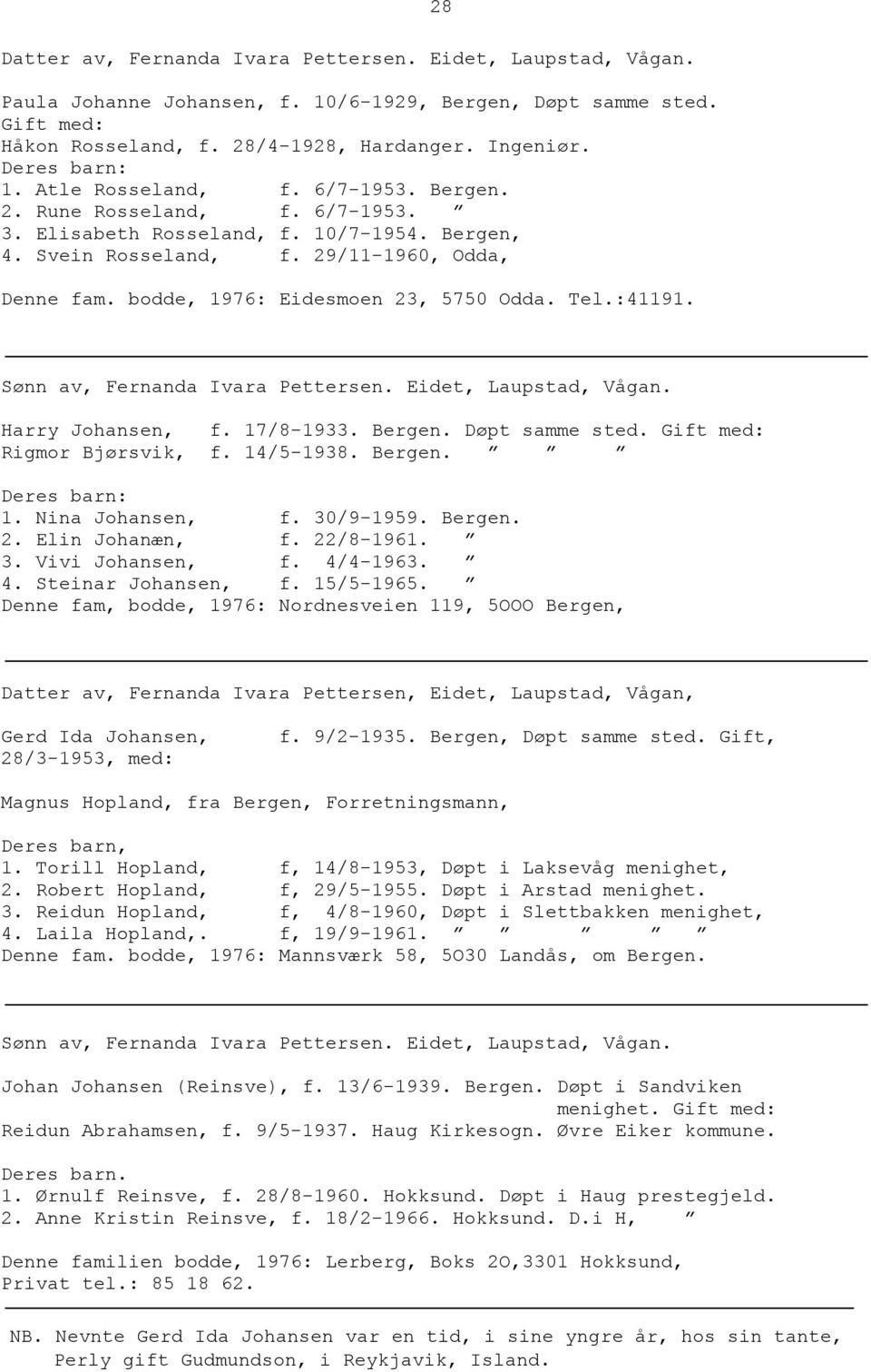 bodde, 1976: Eidesmoen 23, 5750 Odda. Tel.:41191. 28 Sønn av, Fernanda Ivara Pettersen. Eidet, Laupstad, Vågan. Harry Johansen, f. 17/8-1933. Bergen. Døpt samme sted. Gift med: Rigmor Bjørsvik, f.