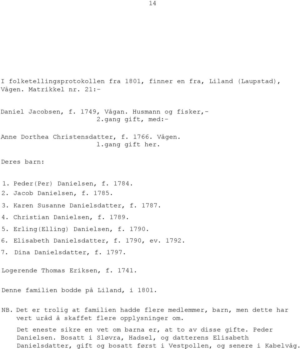 Christian Danielsen, f. 1789. 5. Erling(Elling) Danielsen, f. 1790. 6. Elisabeth Danielsdatter, f. 1790, ev. 1792. 7. Dina Danielsdatter, f. 1797. Logerende Thomas Eriksen, f. 1741.