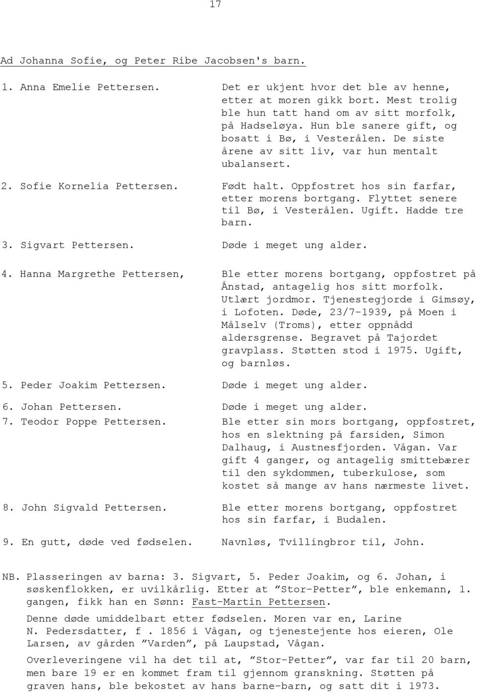 Født halt. Oppfostret hos sin farfar, etter morens bortgang. Flyttet senere til Bø, i Vesterålen. Ugift. Hadde tre barn. 3. Sigvart Pettersen. Døde i meget ung alder. 4.