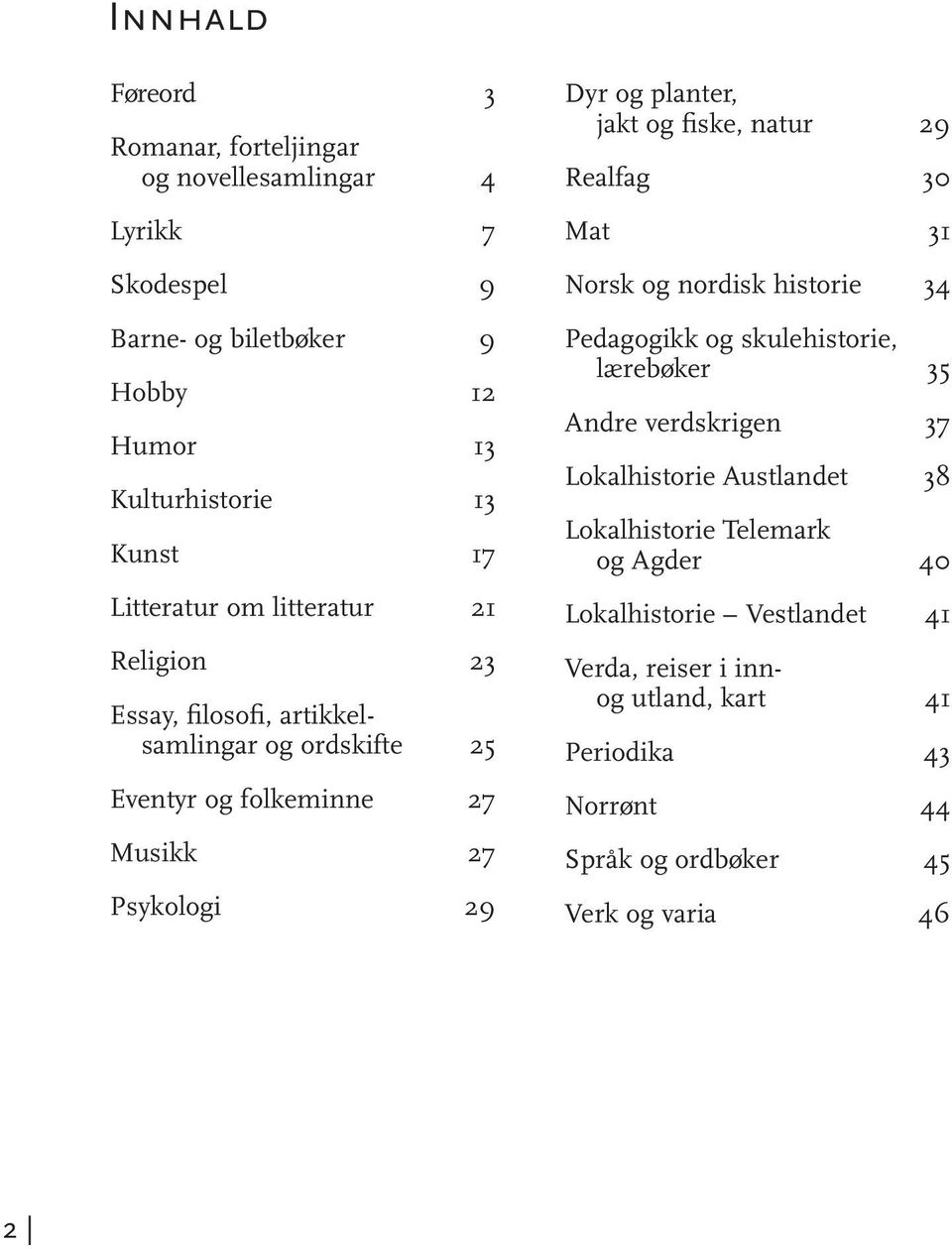 jakt og fiske, natur 29 Realfag 30 Mat 31 Norsk og nordisk historie 34 Pedagogikk og skulehistorie, lærebøker 35 Andre verdskrigen 37 Lokalhistorie