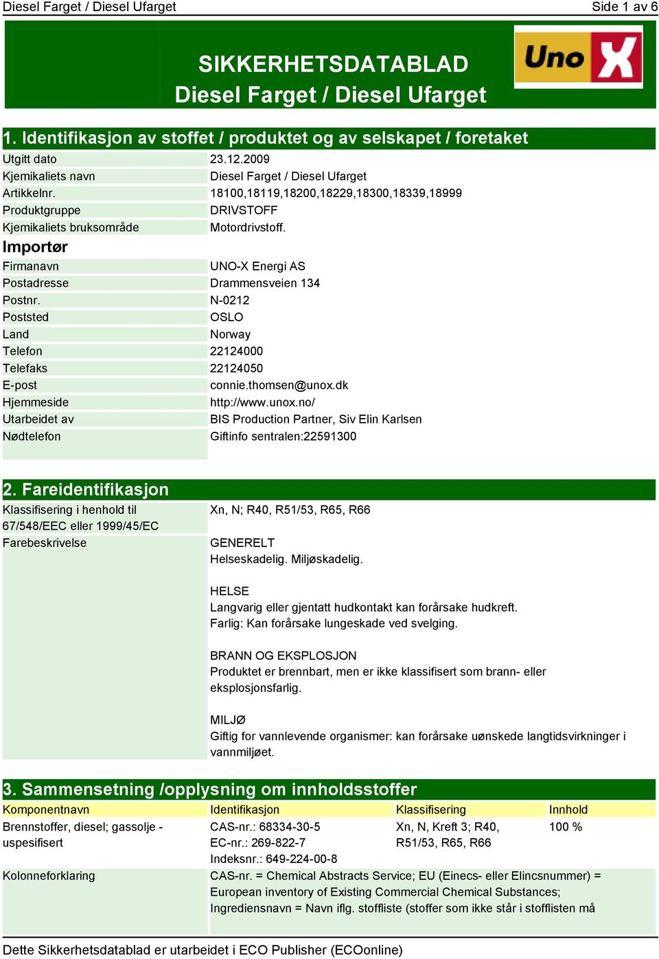 Importør Firmanavn UNO-X Energi AS Postadresse Drammensveien 134 Postnr. N-0212 Poststed OSLO Land Norway Telefon 22124000 Telefaks 22124050 E-post connie.thomsen@unox.