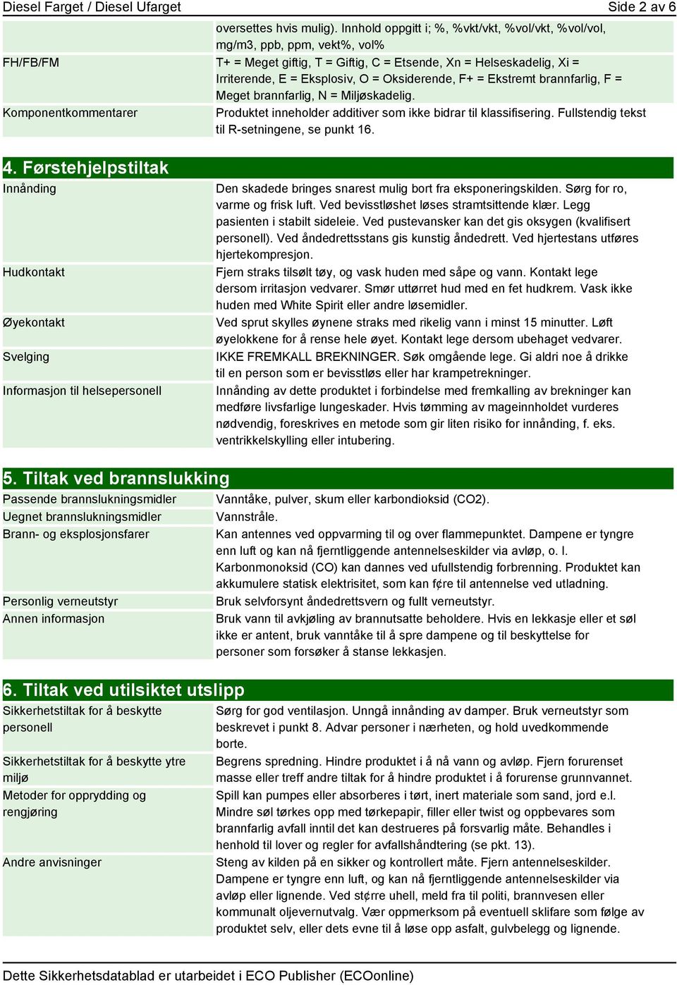 Oksiderende, F+ = Ekstremt brannfarlig, F = Meget brannfarlig, N = Miljøskadelig. Komponentkommentarer Produktet inneholder additiver som ikke bidrar til klassifisering.