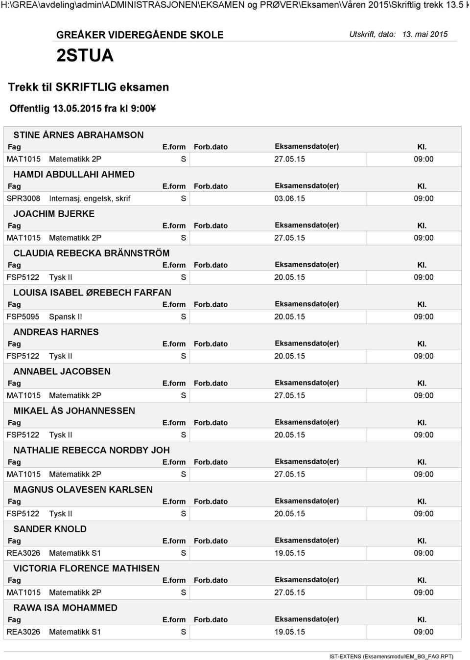 05.15 09:00 ANNABEL JACOBSEN MIKAEL ÅS JOHANNESSEN FSP5122 Tysk II S 20.05.15 09:00 NATHALIE REBECCA NORDBY JOH MAGNUS OLAVESEN KARLSEN FSP5122 Tysk II S 20.