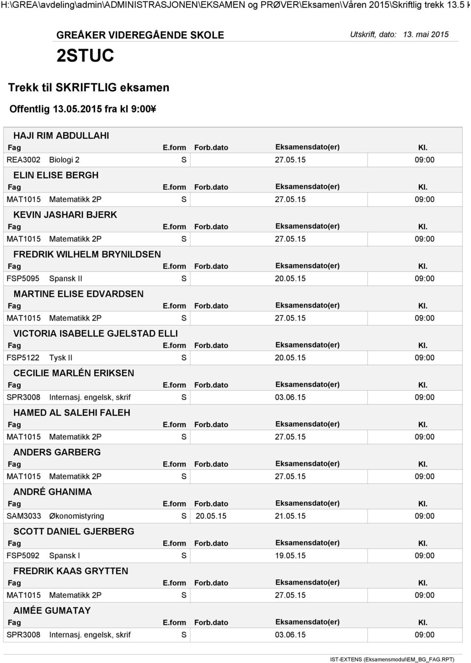 15 09:00 MARTINE ELISE EDVARDSEN VICTORIA ISABELLE GJELSTAD ELLI FSP5122 Tysk II S 20.05.15 09:00 CECILIE MARLÉN ERIKSEN SPR3008 Internasj.