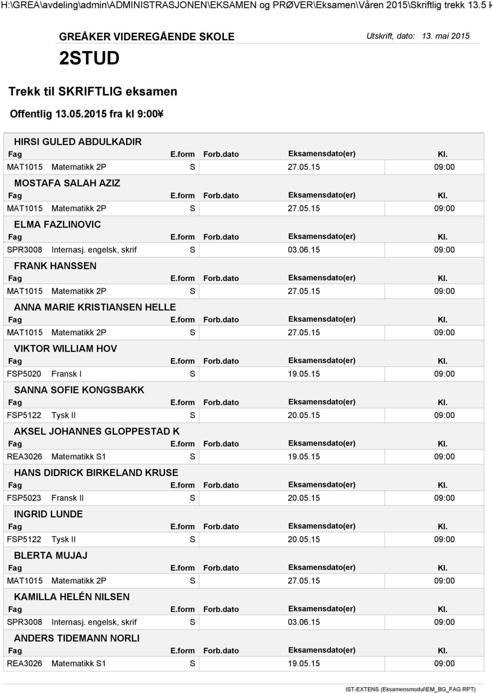 15 09:00 SANNA SOFIE KONGSBAKK FSP5122 Tysk II S 20.05.15 09:00 AKSEL JOHANNES GLOPPESTAD K REA3026 Matematikk S1 S 19.05.15 09:00 HANS DIDRICK BIRKELAND KRUSE FSP5023 Fransk II S 20.