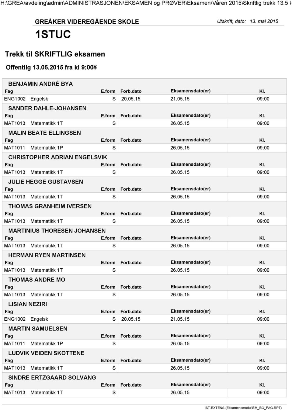 05.15 09:00 THOMAS ANDRE MO MAT1013 Matematikk 1T S 26.05.15 09:00 LISIAN NEZIRI ENG1002 Engelsk S 20.05.15 21.05.15 09:00 MARTIN SAMUELSEN MAT1011 Matematikk 1P S 26.05.15 09:00 LUDVIK VEIDEN SKOTTENE MAT1013 Matematikk 1T S 26.