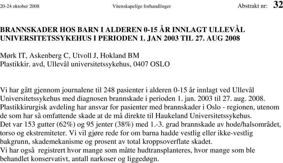 avd, Ullevål universitetssykehus, 0407 OSLO Vi har gått gjennom journalene til 248 pasienter i alderen 0-15 år innlagt ved Ullevål Universitetssykehus med diagnosen brannskade i perioden 1. jan.