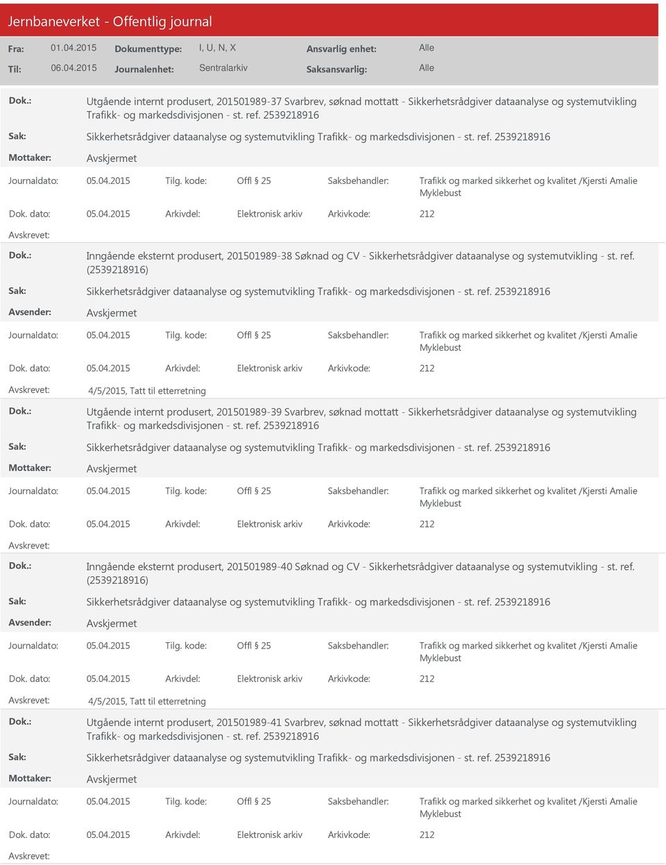 2539218916 Trafikk og marked sikkerhet og kvalitet /Kjersti Amalie Myklebust Inngående eksternt produsert, 201501989-38 Søknad og CV - Sikkerhetsrådgiver dataanalyse og systemutvikling - st. ref.