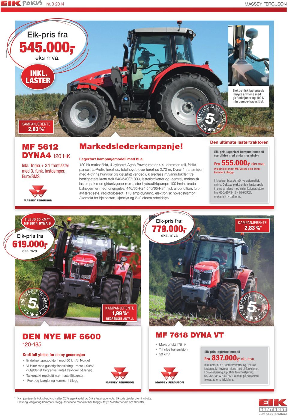 lastdemper, Euro/SMS 120 hk makseffekt, 4-sylindret Agco Power, motor 4,4 l common rail, frisikt panser, LoProfile førerhus, totalhøyde over førerhus 2,70 m, Dyna-4 transmisjon med 4-trinns hurtiggir