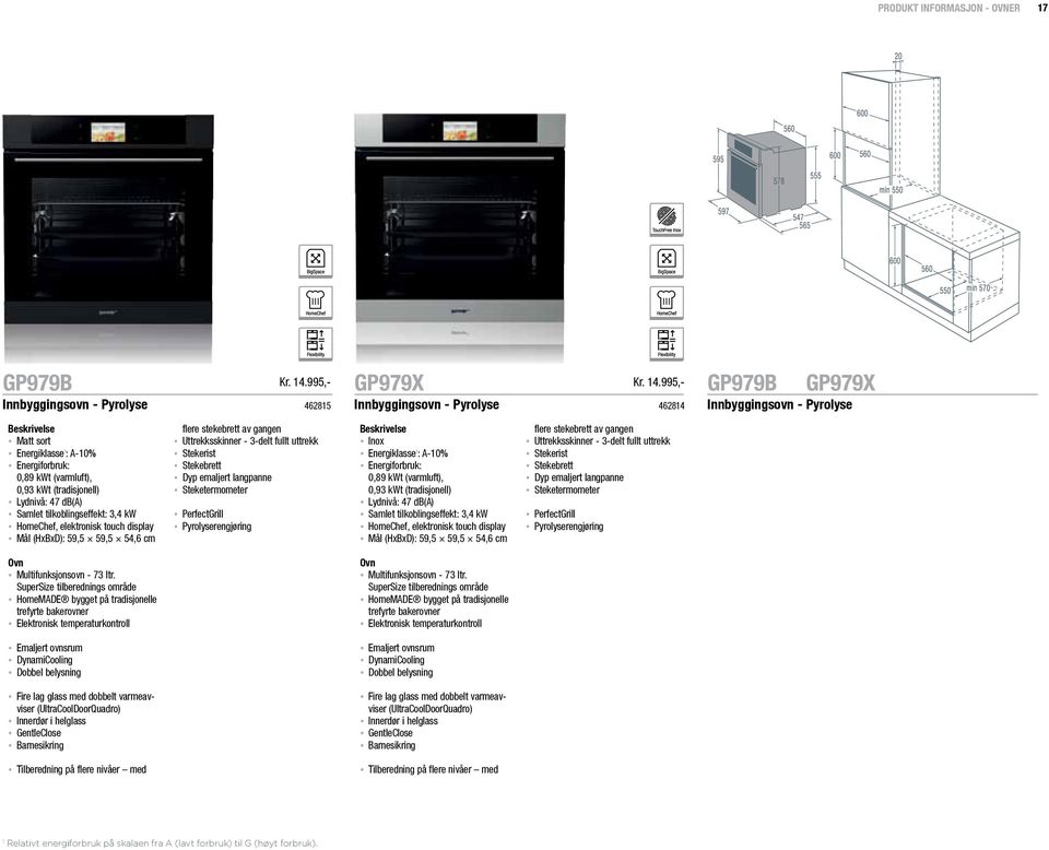 995,- GP979B GP979X 462815 Innbyggingsovn - Pyrolyse 462814 Innbyggingsovn - Pyrolyse Matt sort Energiklasse 1 : A-10% Energiforbruk: 0,89 kwt (varmluft), 0,93 kwt (tradisjonell) Lydnivå: 47 db(a)