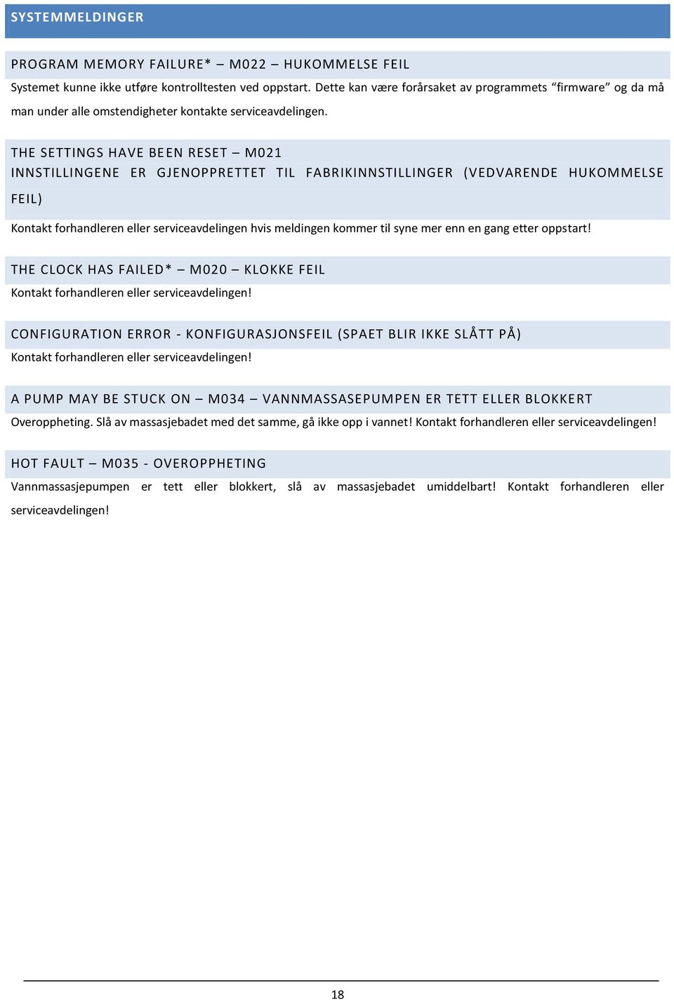 THE SETTINGS HAVE BEEN RESET M021 INNSTILLINGENE ER GJENOPPRETTET TIL FABRIKINNSTILLINGER (VEDVARENDE HUKOMMELSE FEIL) Kontakt forhandleren eller serviceavdelingen hvis meldingen kommer til syne mer