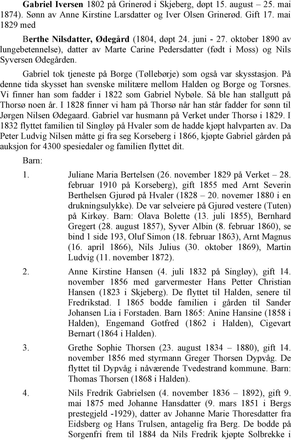 På denne tida skysset han svenske militære mellom Halden og Borge og Torsnes. Vi finner han som fadder i 1822 som Gabriel Nybøle. Så ble han stallgutt på Thorsø noen år.