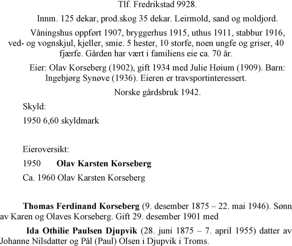 Eieren er travsportinteressert. Skyld: 1950 6,60 skyldmark Norske gårdsbruk 1942. Eieroversikt: 1950 Olav Karsten Korseberg Ca. 1960 Olav Karsten Korseberg Thomas Ferdinand Korseberg (9.